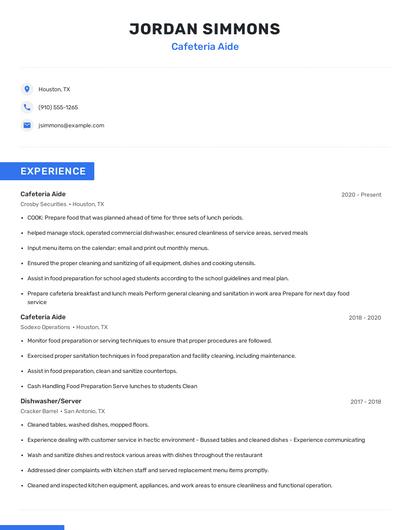 Cafeteria Aide Resume