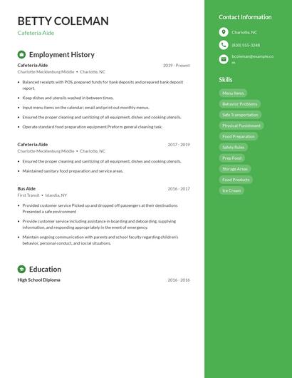 Cafeteria Aide Resume