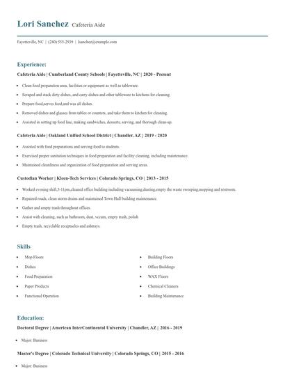 Cafeteria Aide Resume