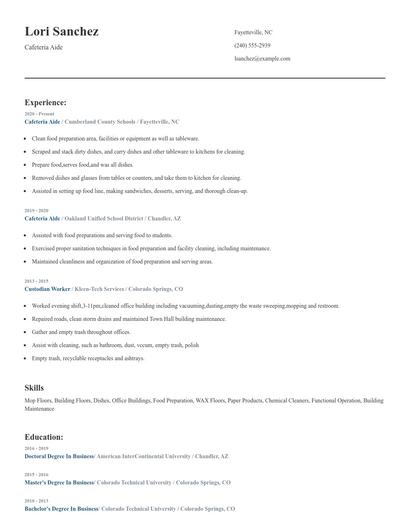 Cafeteria Aide Resume