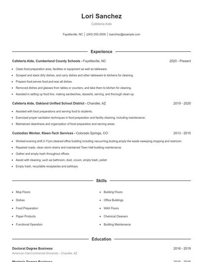 Cafeteria Aide Resume