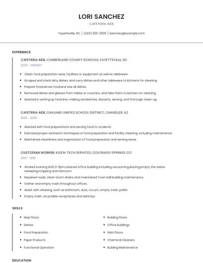 Cafeteria Aide Resume