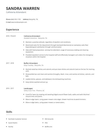 Cafeteria Attendant Resume