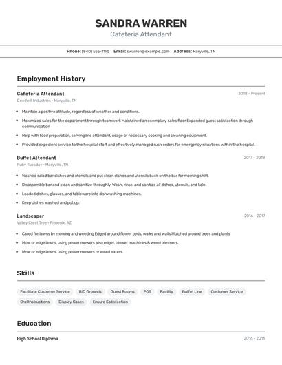 Cafeteria Attendant Resume
