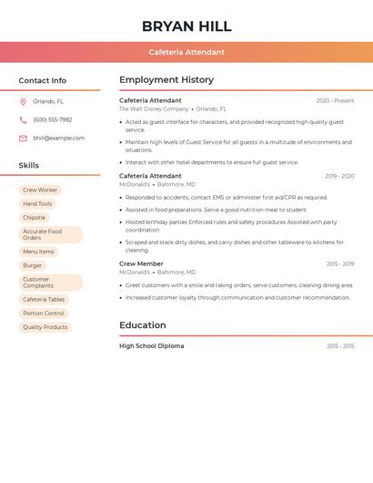 Cafeteria Attendant Resume