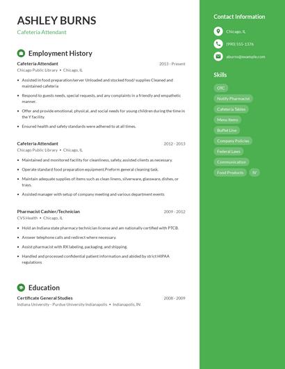 Cafeteria Attendant Resume