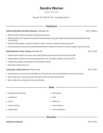 Cafeteria Attendant Resume