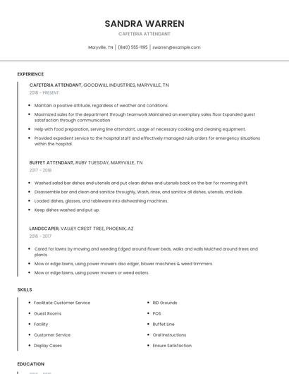 Cafeteria Attendant Resume
