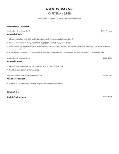 Cafeteria Helper Resume