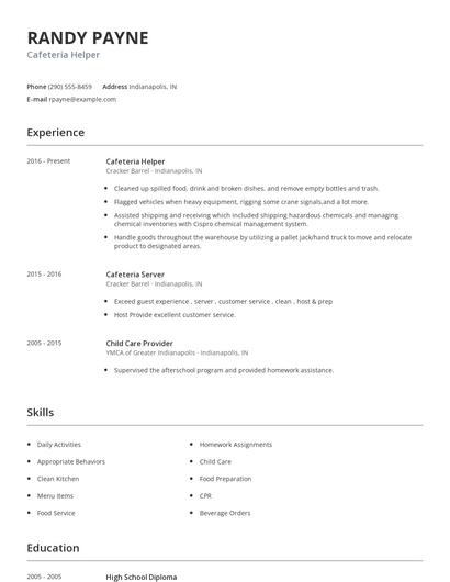 Cafeteria Helper Resume
