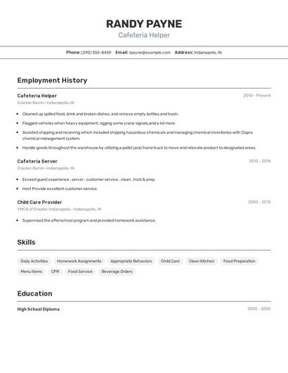 Cafeteria Helper Resume