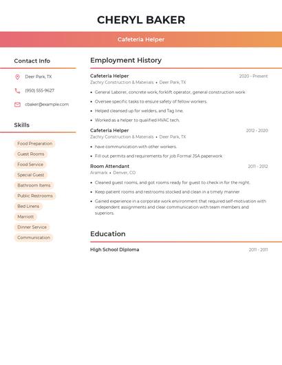 Cafeteria Helper Resume