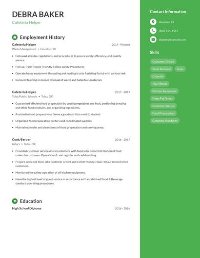 Cafeteria Helper Resume