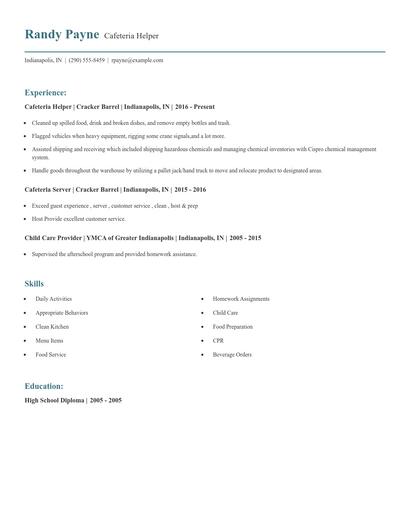 Cafeteria Helper Resume