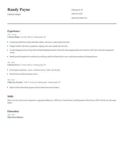 Cafeteria Helper Resume