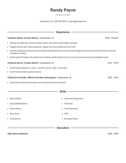Cafeteria Helper Resume