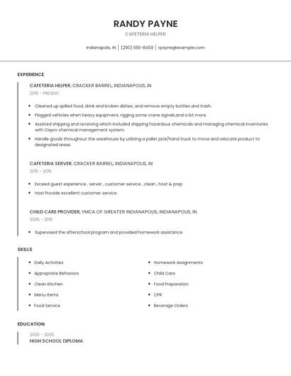 Cafeteria Helper Resume