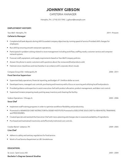 Cafeteria Manager Resume