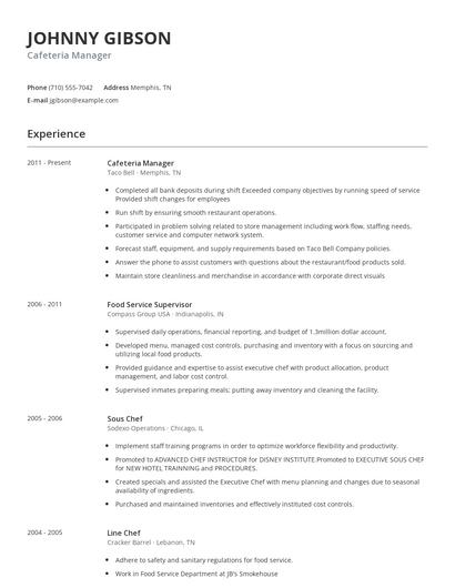 Cafeteria Manager Resume