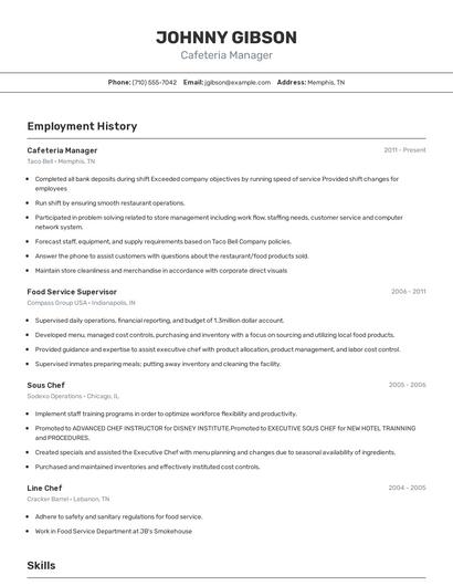Cafeteria Manager Resume