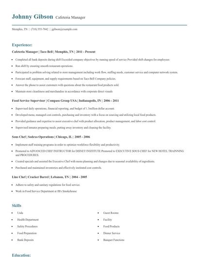 Cafeteria Manager Resume