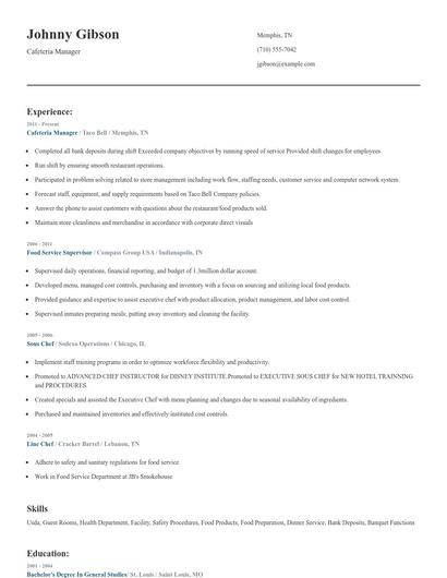 Cafeteria Manager Resume