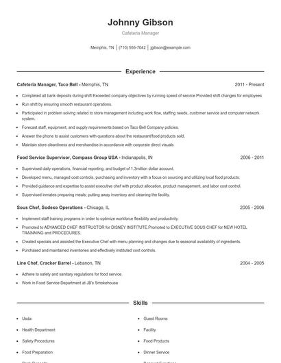 Cafeteria Manager Resume