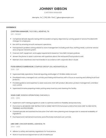 Cafeteria Manager Resume