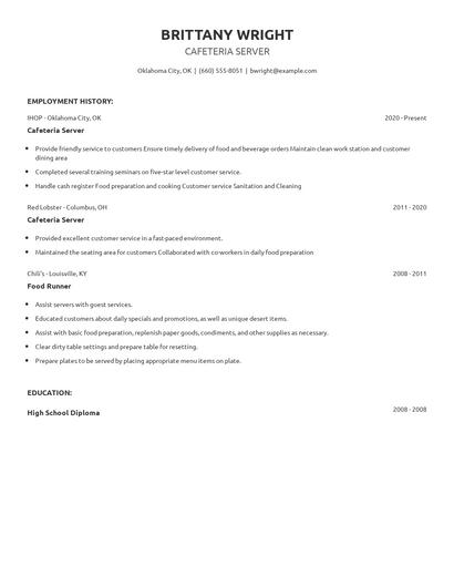 Cafeteria Server Resume