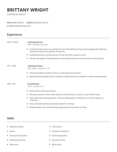 Cafeteria Server Resume