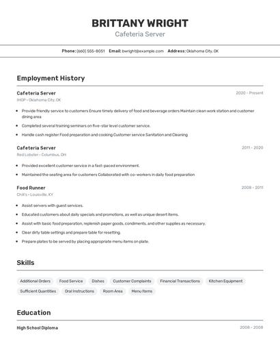 Cafeteria Server Resume