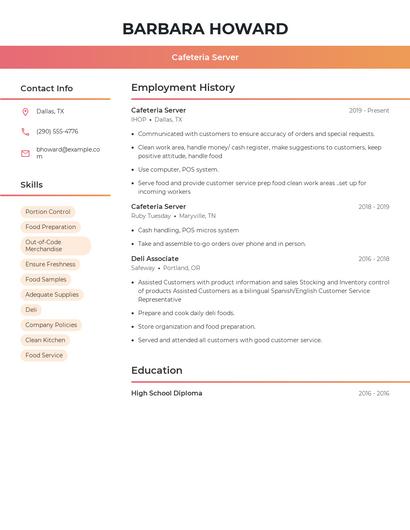 Cafeteria Server Resume