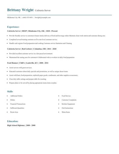 Cafeteria Server Resume