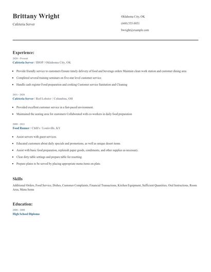 Cafeteria Server Resume