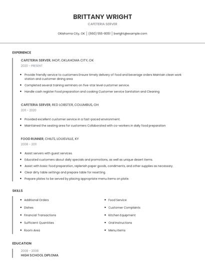 Cafeteria Server Resume