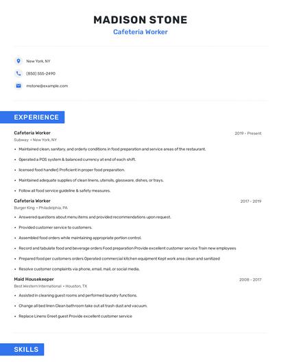 Cafeteria Worker Resume