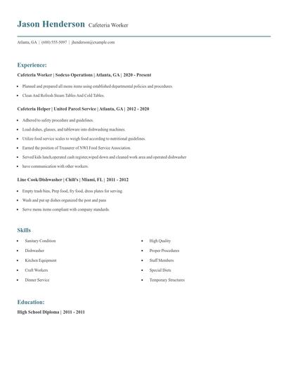 Cafeteria Worker Resume