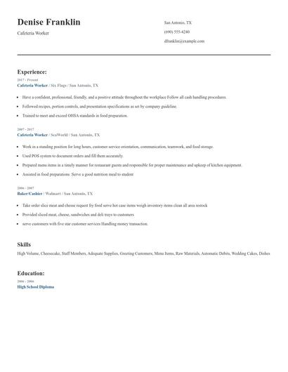 Cafeteria Worker Resume