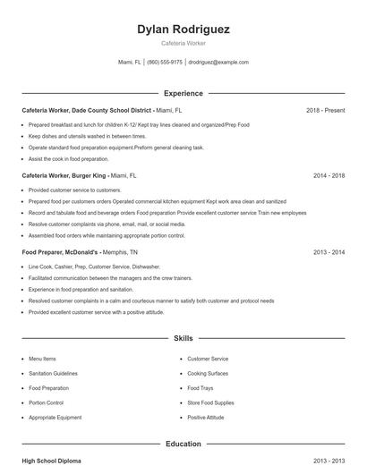 Cafeteria Worker Resume