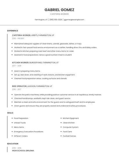 Cafeteria Worker Resume