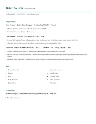Cage Operator Resume