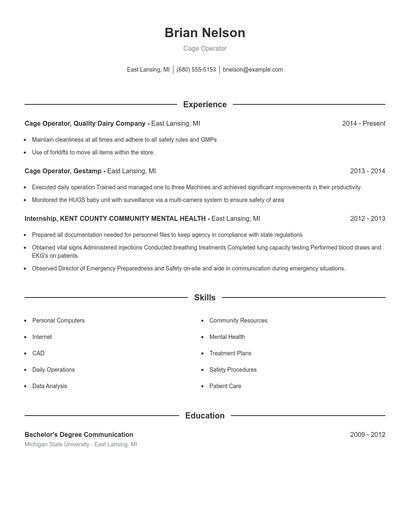 Cage Operator Resume