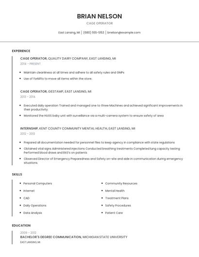 Cage Operator Resume