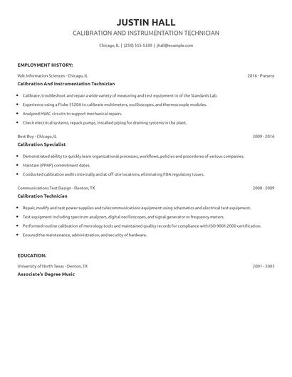 Calibration And Instrumentation Technician Resume
