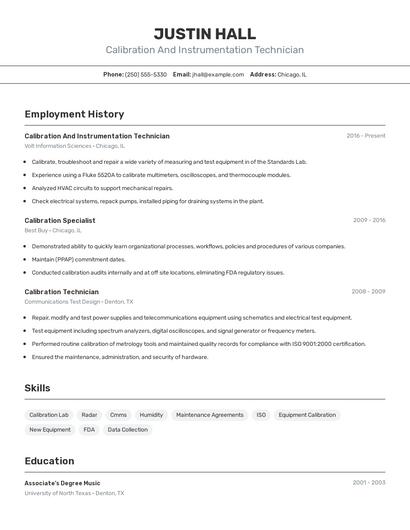 Calibration And Instrumentation Technician Resume