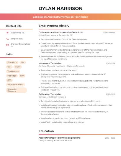 Calibration And Instrumentation Technician Resume