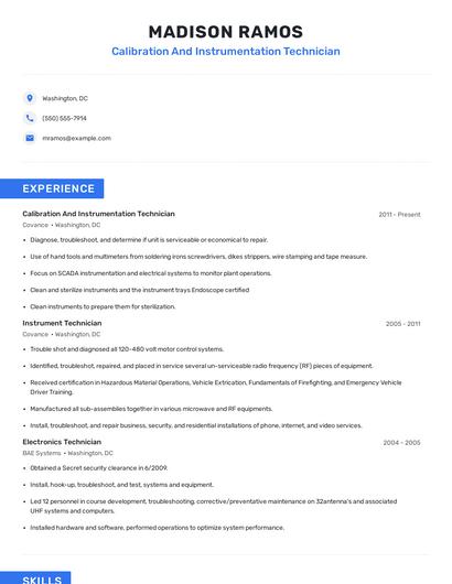 Calibration And Instrumentation Technician Resume