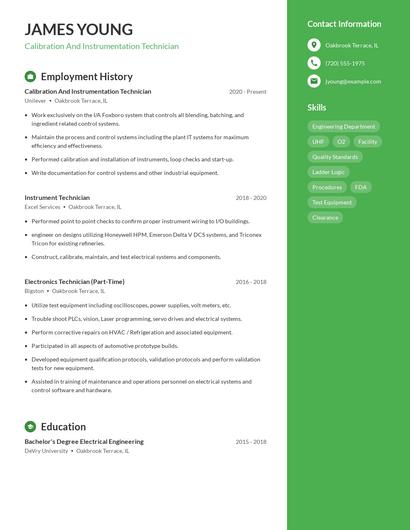 Calibration And Instrumentation Technician Resume