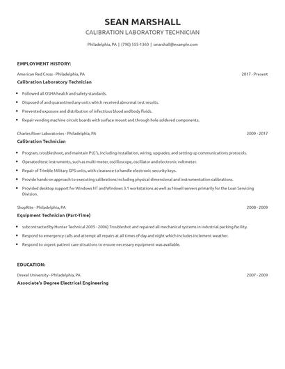 Calibration Laboratory Technician Resume