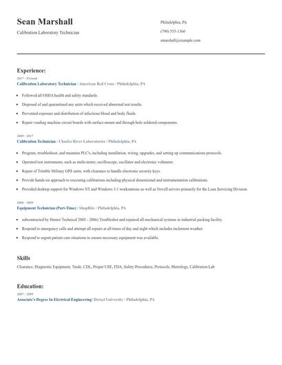 Calibration Laboratory Technician Resume